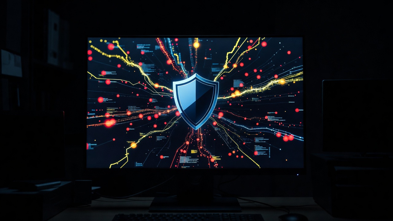 Laptop screen showing antivirus dashboard with threat detection graphs and shield icons