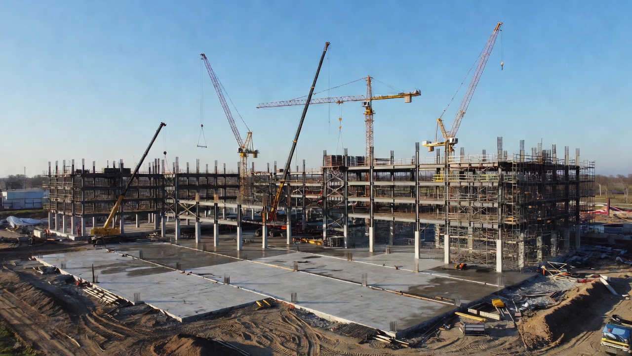 Aerial view of a large construction project with steel framework and cranes against a clear sky