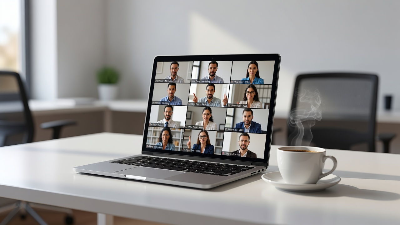 Multiple screens showing video conferencing interfaces including Zoom, Teams, and Google Meet