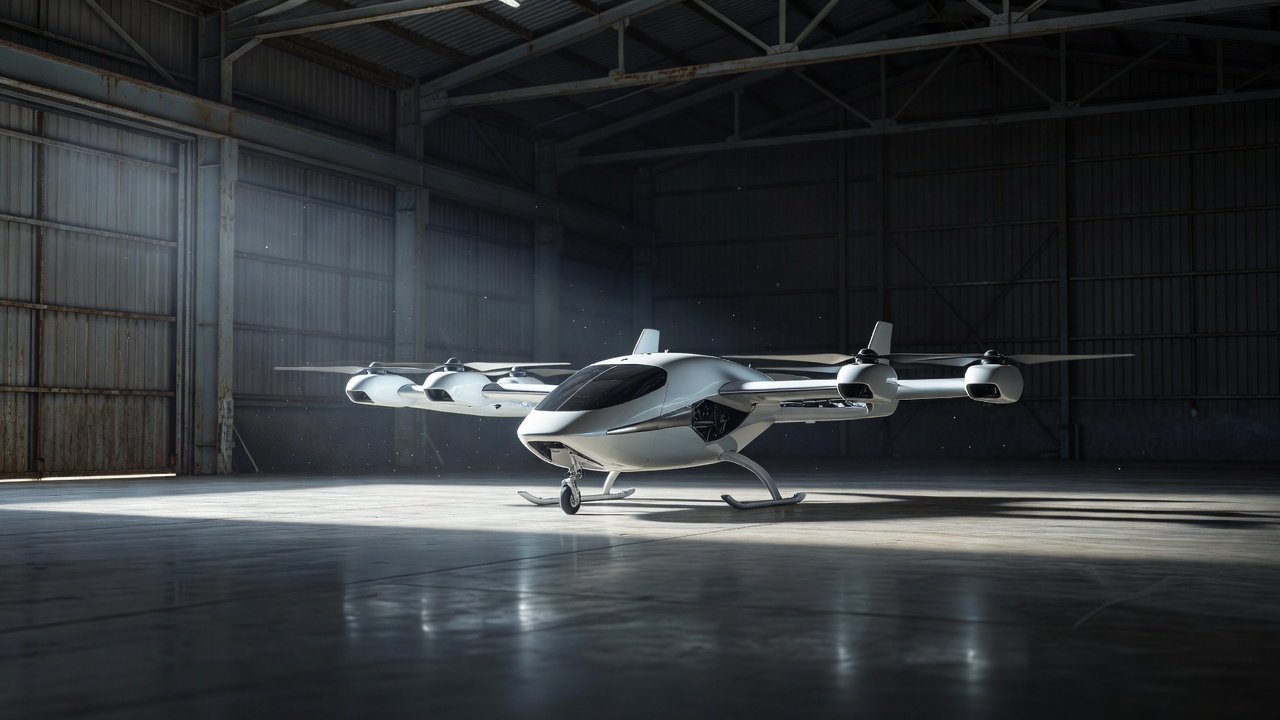Aircraft hangar with a Wisk Aero drone and safety warning signs visible