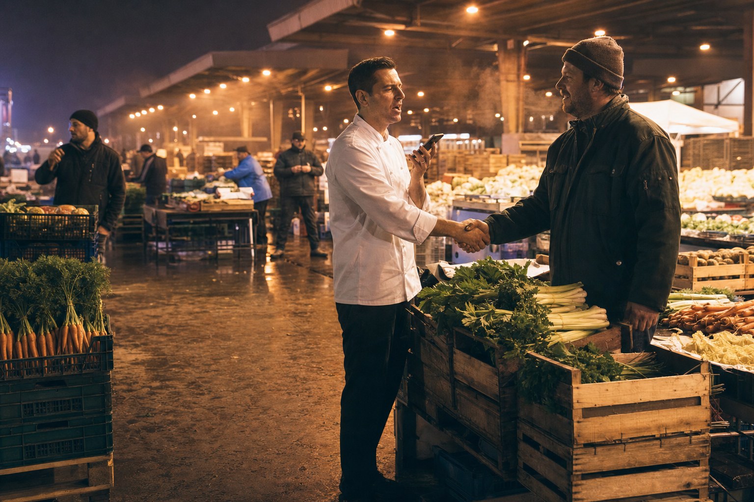 A person speaking naturally into a device while standing at a busy market, with a confirmation card appearing on screen