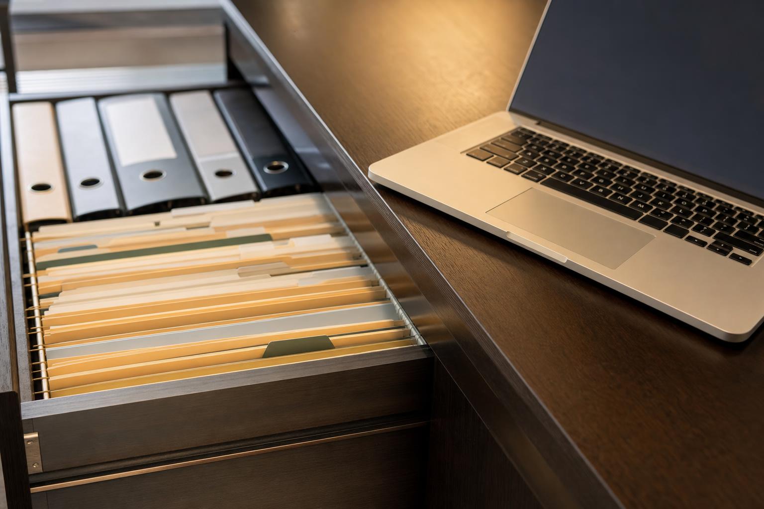 Filing drawers and a modern laptop representing the shift from legacy records to unified digital systems