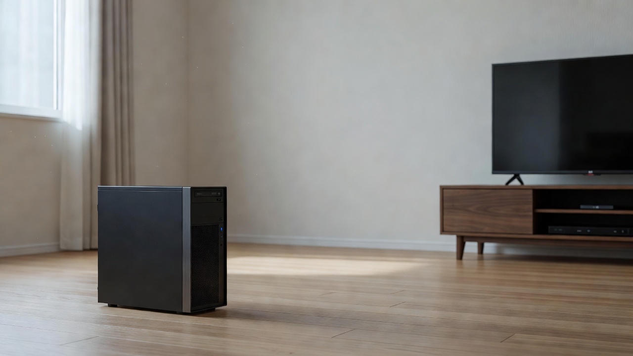 Gaming PC setup with Steam Machine console and dual monitors