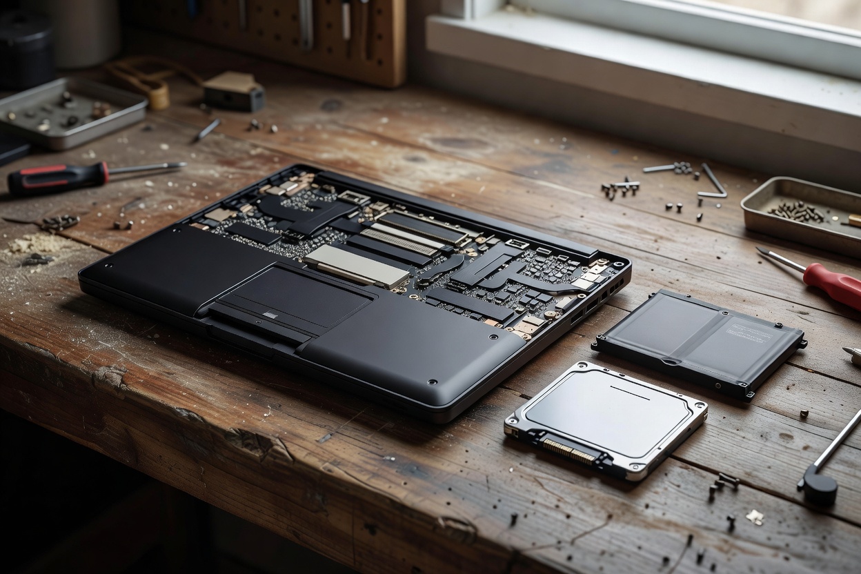 Modular Lenovo ThinkPad laptop disassembled on a wooden repair desk