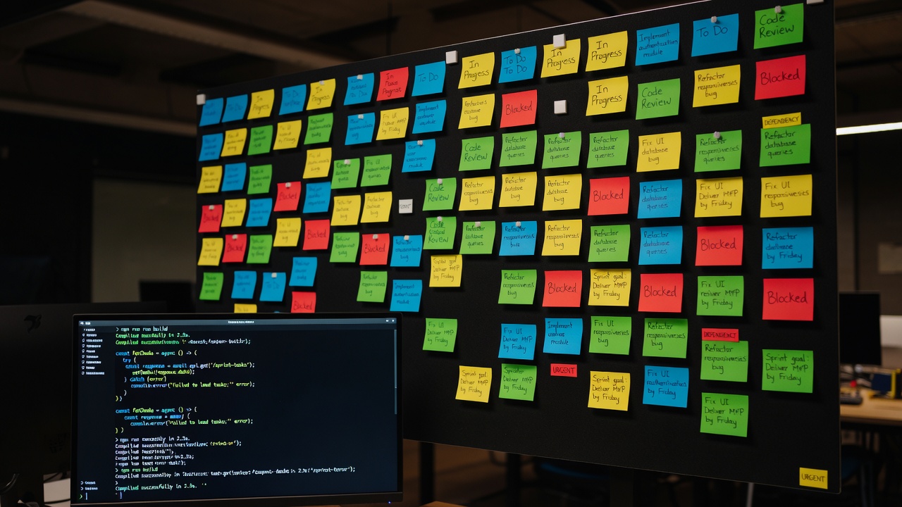 Engineering team sprint board in Jira showing backlog, active sprint, and velocity charts on a large monitor