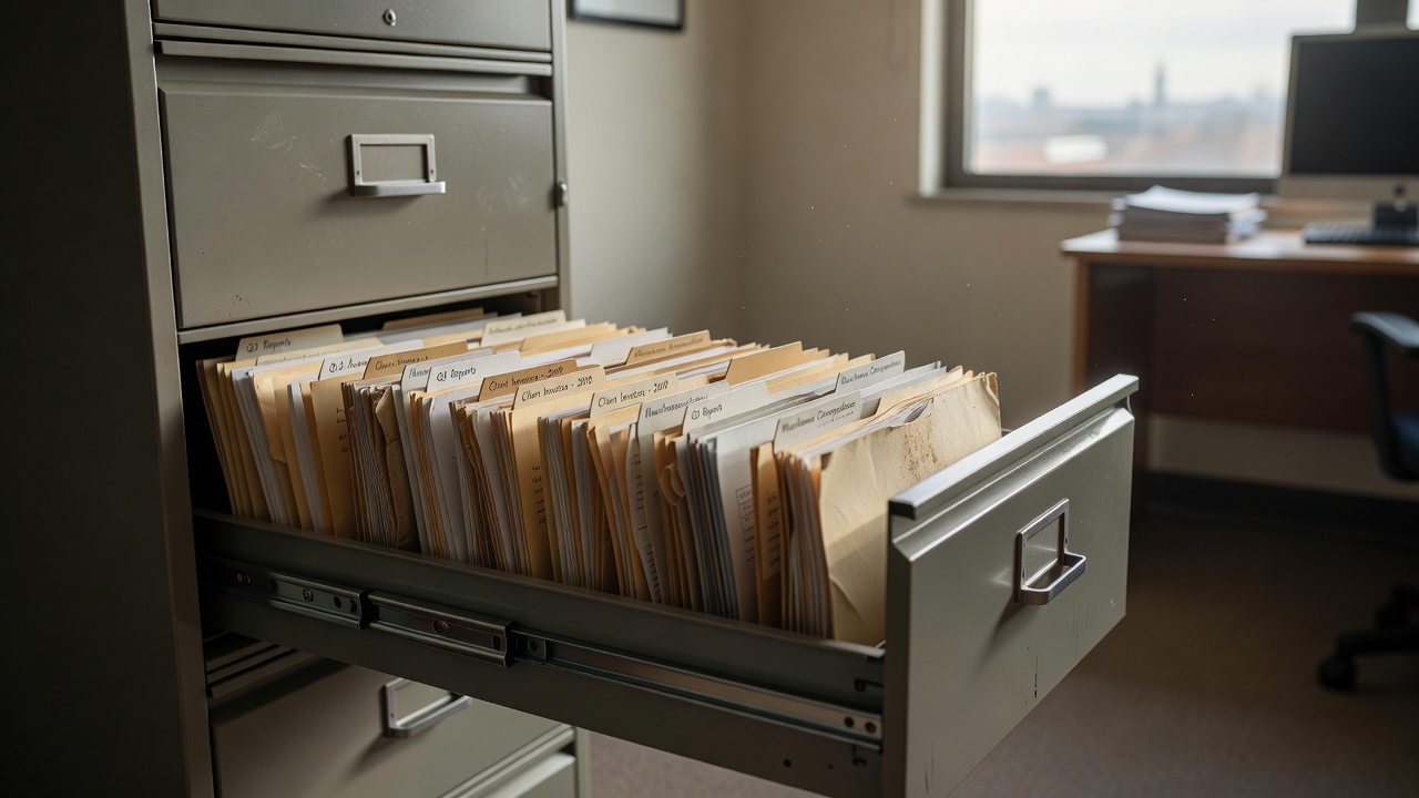 Office desk with computer showing internal data breach investigation