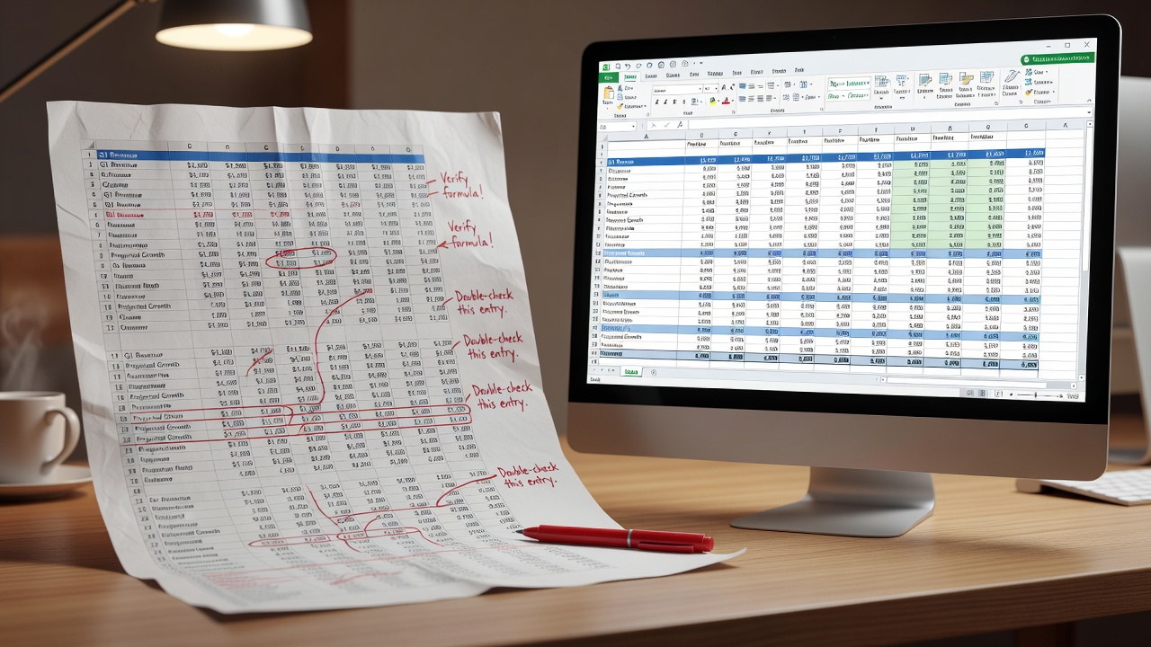 A spreadsheet open on a laptop beside a project management dashboard on a second screen