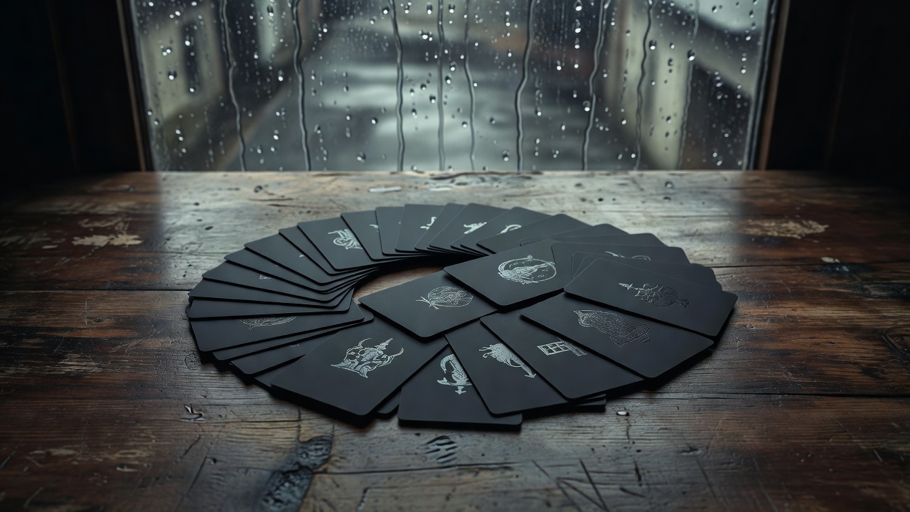 Cyberpunk-themed card game table with neon lights and cards spread out