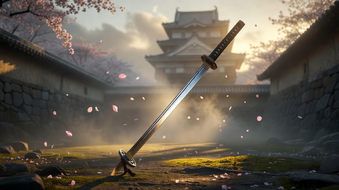 Samurai sword resting on traditional Japanese wooden floor