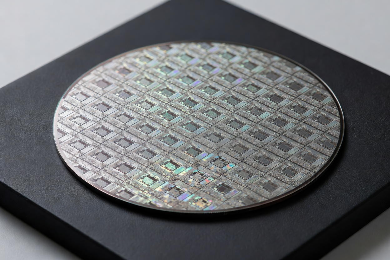 Close-up of computer chip with Qualcomm logo on circuit board