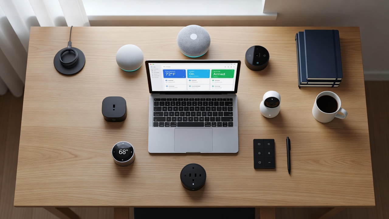 Laptop open on a home desk next to a Wi-Fi router, illustrating the home network security challenge for remote workers