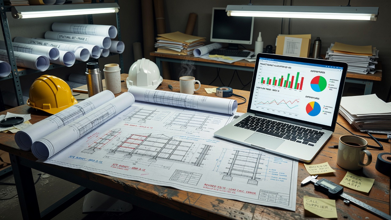Construction site project dashboard showing earned-value metrics, live P&L, and 540-day liquidity forecast on a workstation monitor