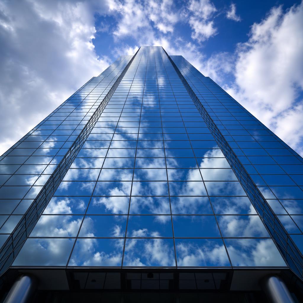 Corporate skyscraper glass facade from below