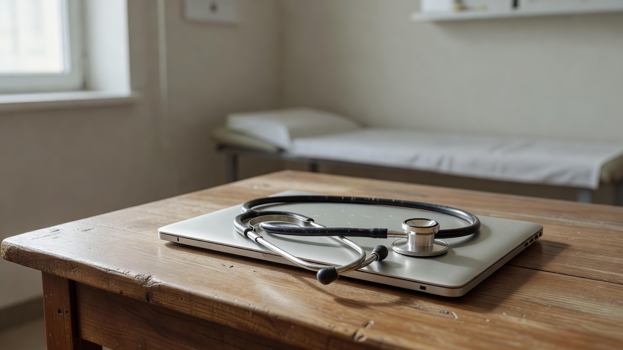 Medical office desk cluttered with AI-generated patient notes and audit reports