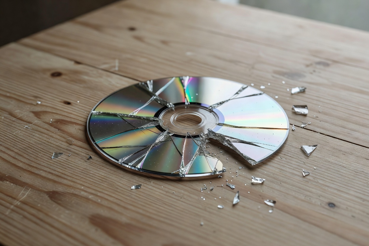 Hand holding a cracked video game disc over a dark background