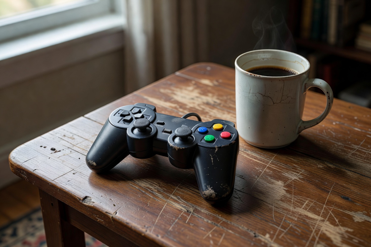Gaming setup with Grand Theft Auto gameplay on screen and controller