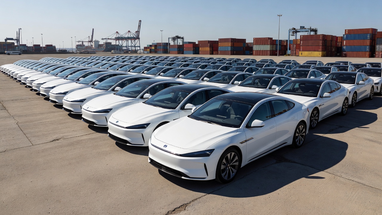 Tesla electric cars lined up at dealership under bright sunlight