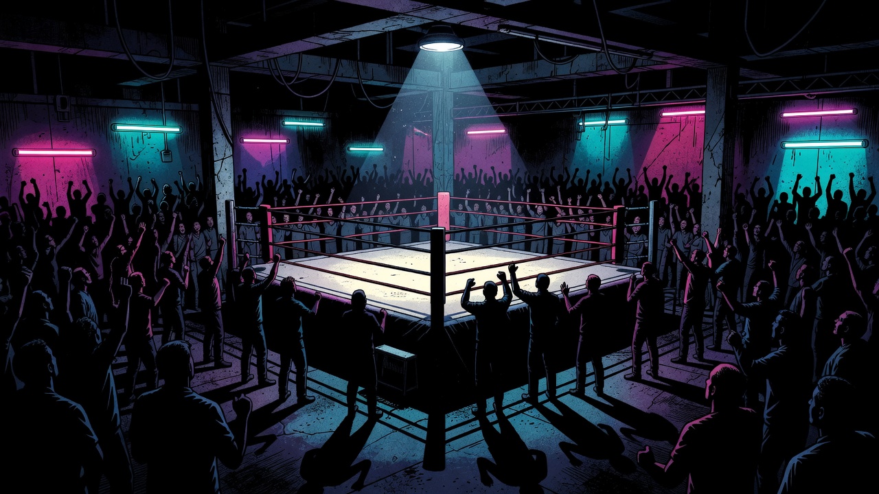 Neon-lit arcade arena with stylized comic panels and fighter silhouettes